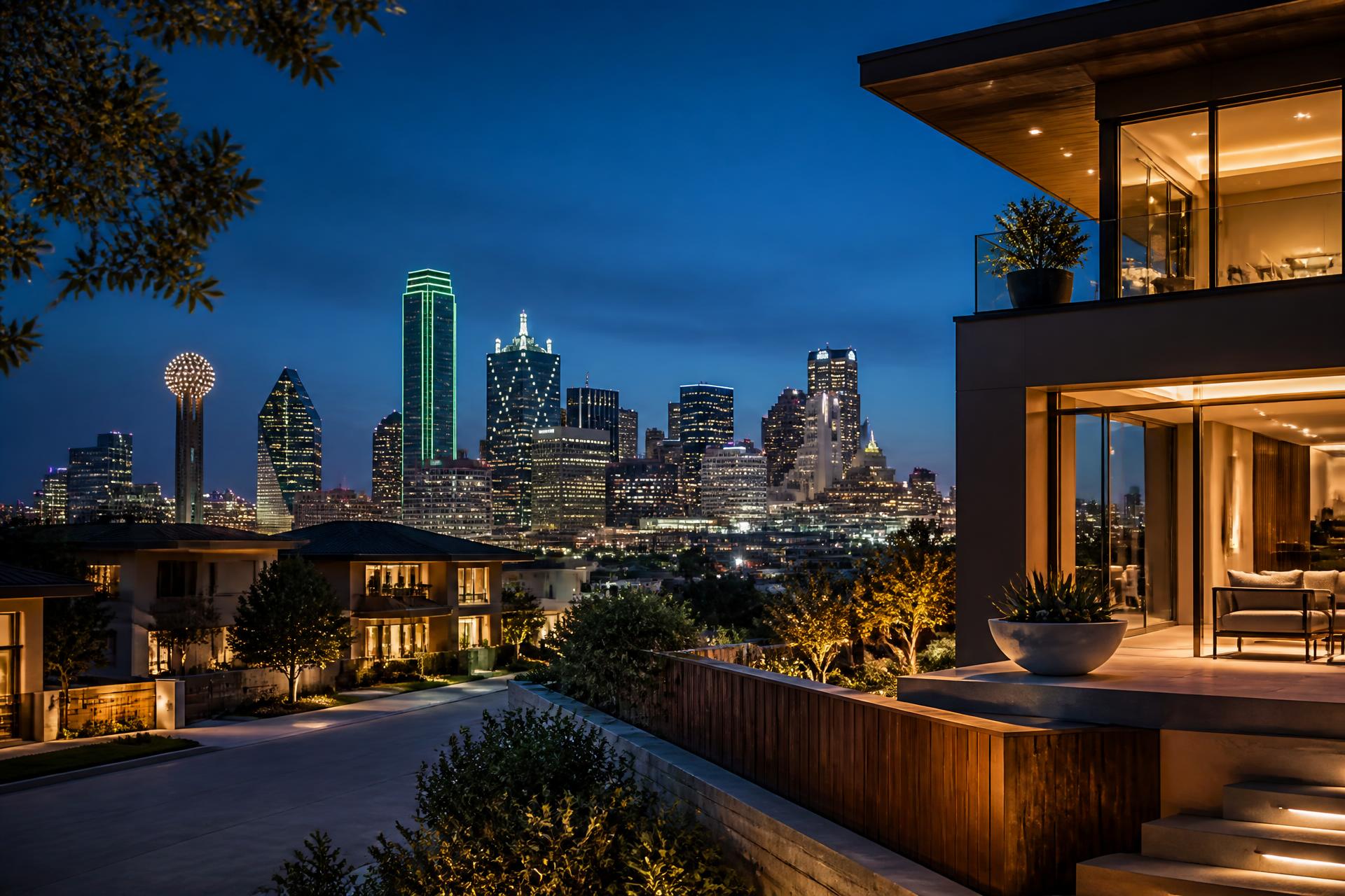 Dallas skyline at dusk seen beyond a modern Dallas home