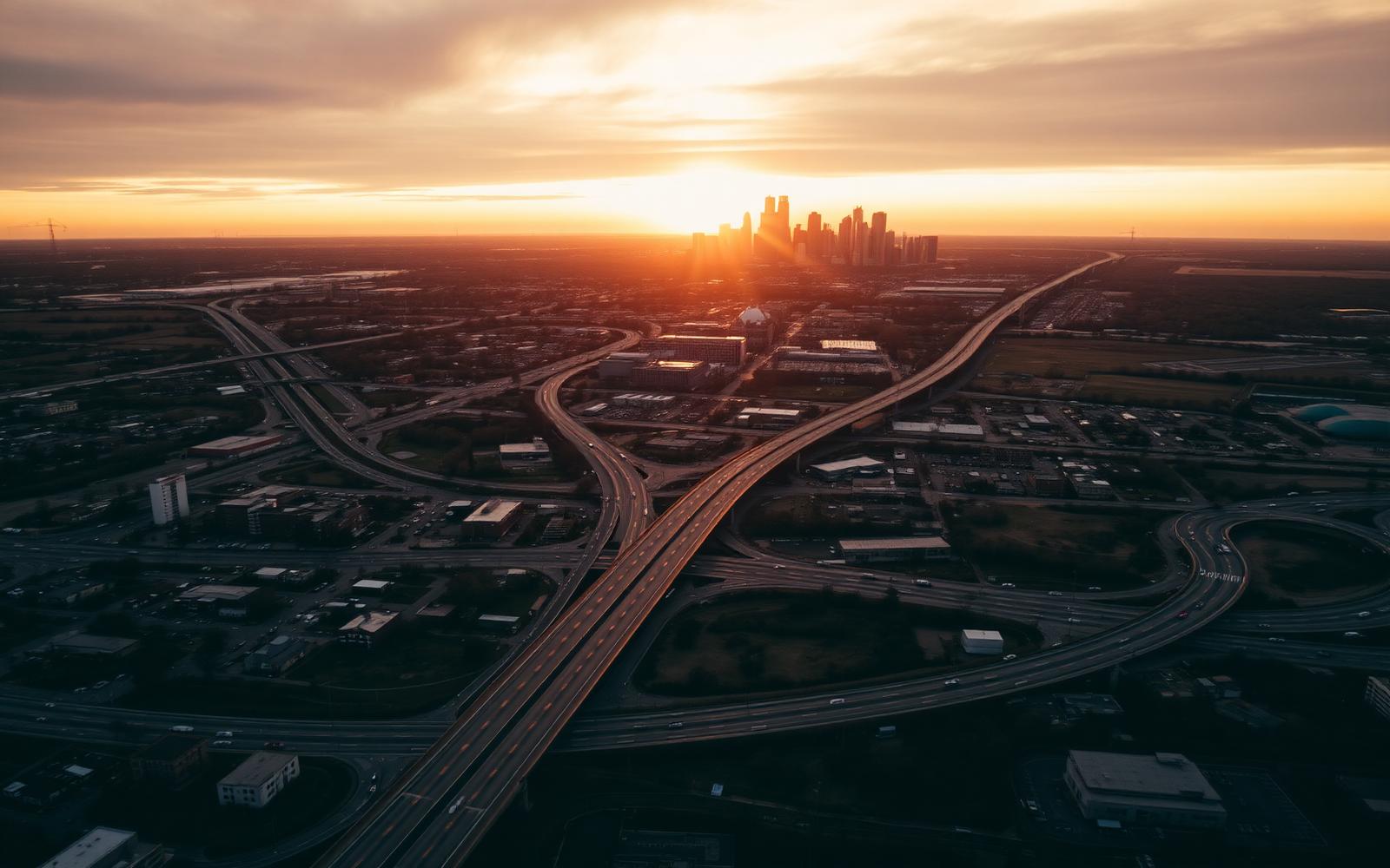 Aerial view of Dallas–Fort Worth at sunrise